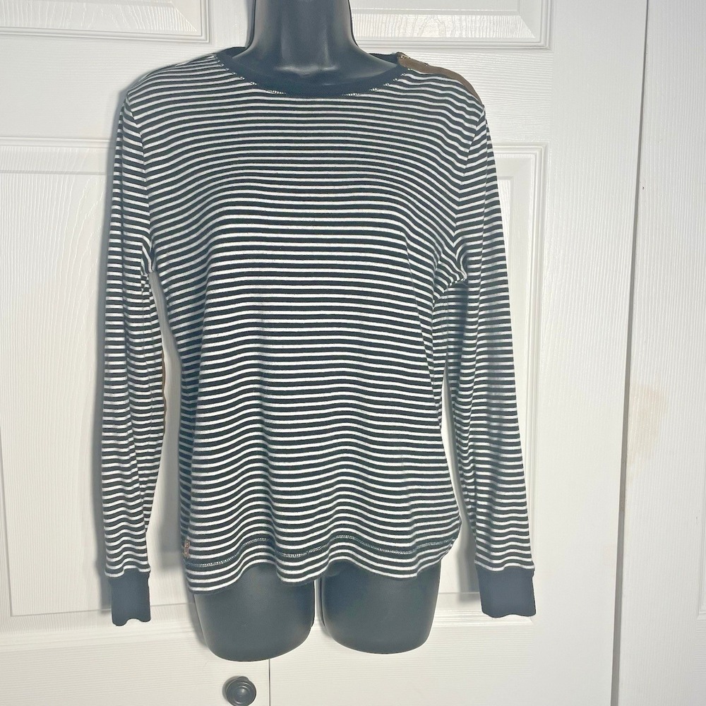 Lauren Ralph Lauren Striped Shirt Women XL Black White Long Sleeve Elbow Patches